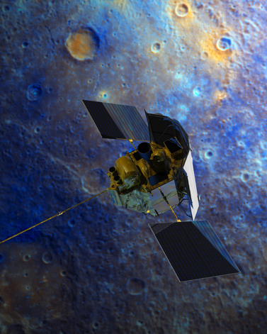 MESSENGER spacecraft shown flying over Mercury in blue and gold on the surface