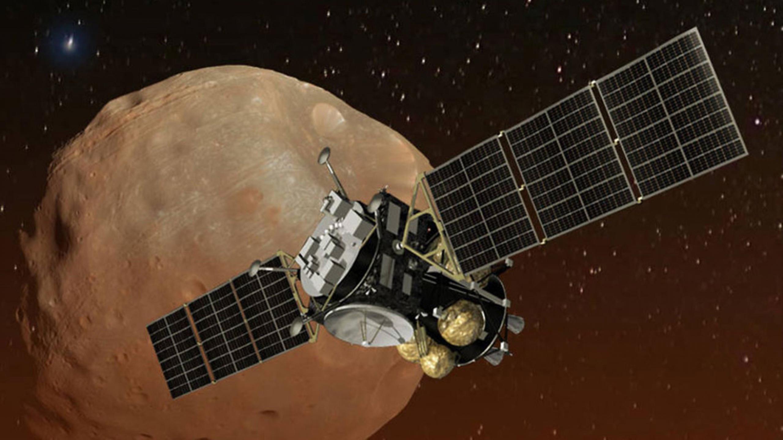 Spacecraft with extended solar panels in orbit over Mars