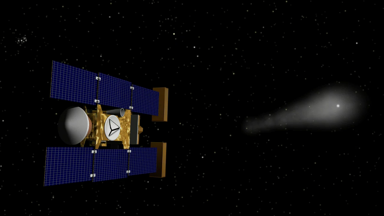 Artist's rendering of blue and yellow spacecraft approaching comet
