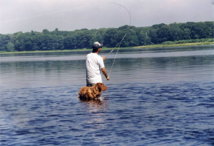 John Lee, from the University of Maine, fishing in the Penobscot River. The forests in the background are near the site of the Penobscot Experimental Forest.