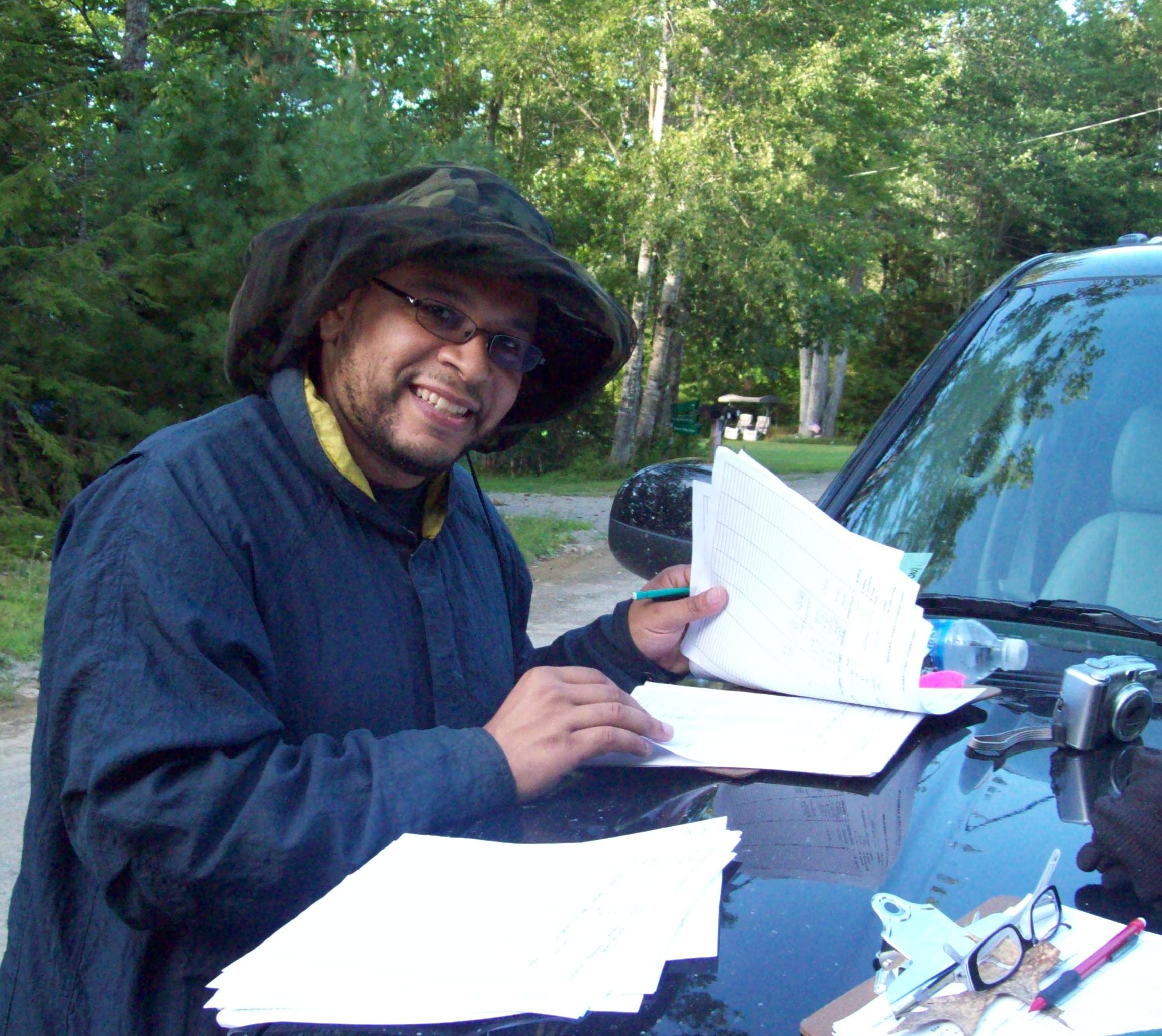 Torry Johnson, Assistant Chief, Laboratory for Hydrospheric and Biospheric Sciences, NASA Goddard Space Flight Center, came to Penobscot for a site visit.  By the end of the day he was measuring trees like a field campaign veteran.   Photo by Joanne Howl 
