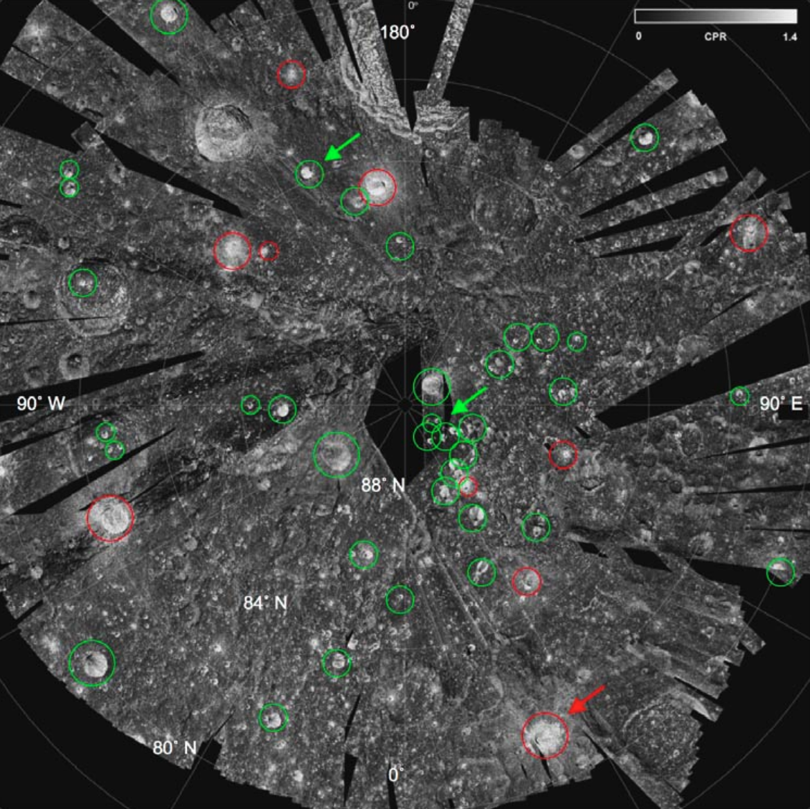 Mini-SAR map of the Circular Polarization Ratio of the north pole of the Moon.