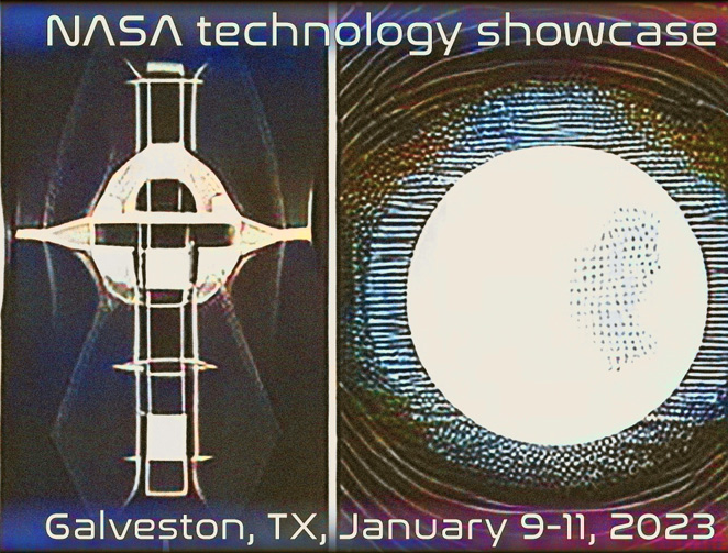 A collage of 2 abstract artistic illustrations of NASA technology. left is a satellite and far right a planet.