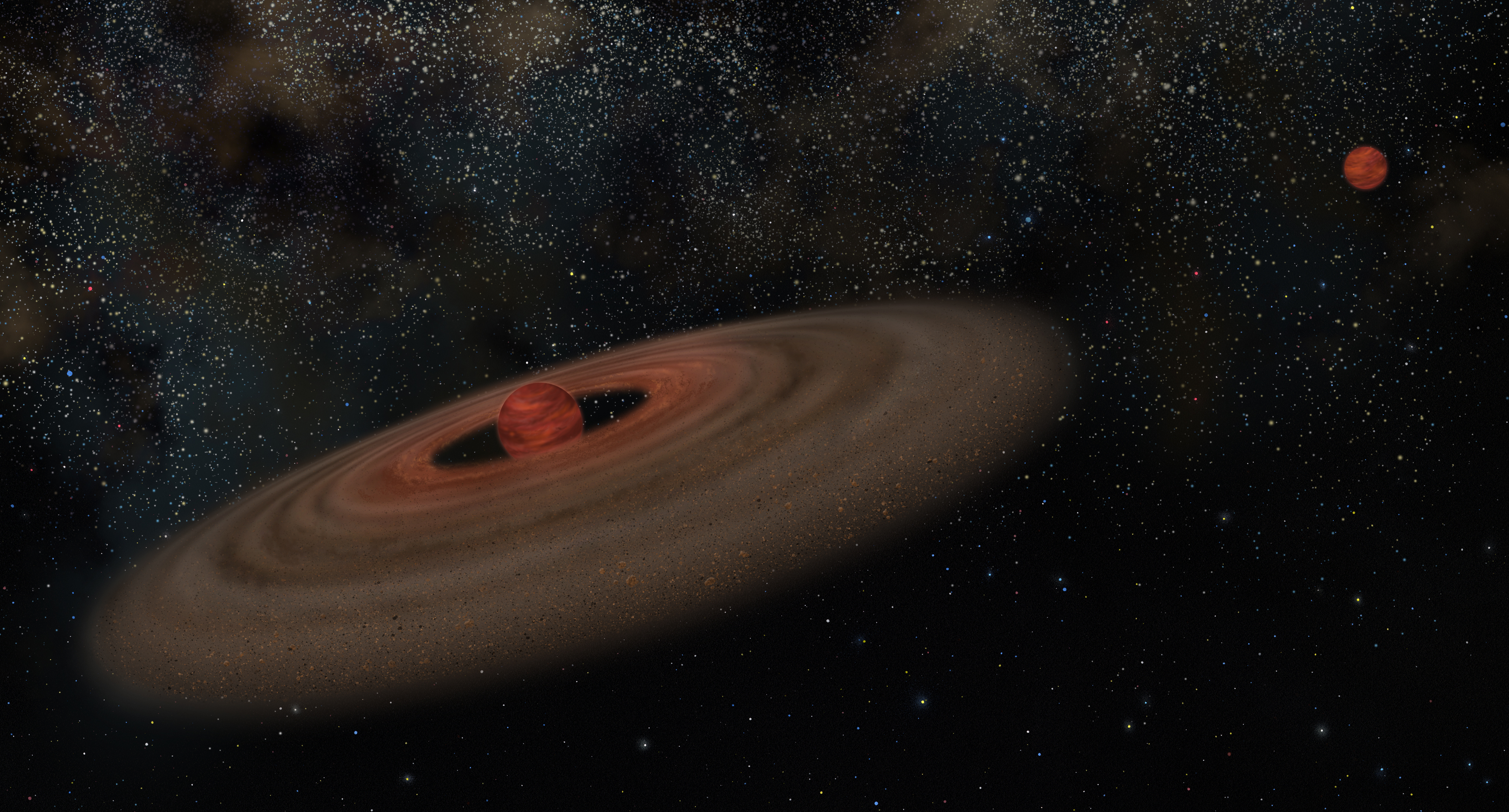 Artist illustration: lower-left holds a reddish-orange brown dwarf with a disk of material around it. Upper-right corner holds another brown dwarf with no disk. Background is black and dotted with stars.