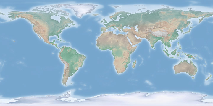 Cross-blended hypsometric tints global map.