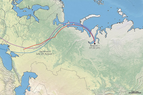 Map of Arctic Russia with backtraces.