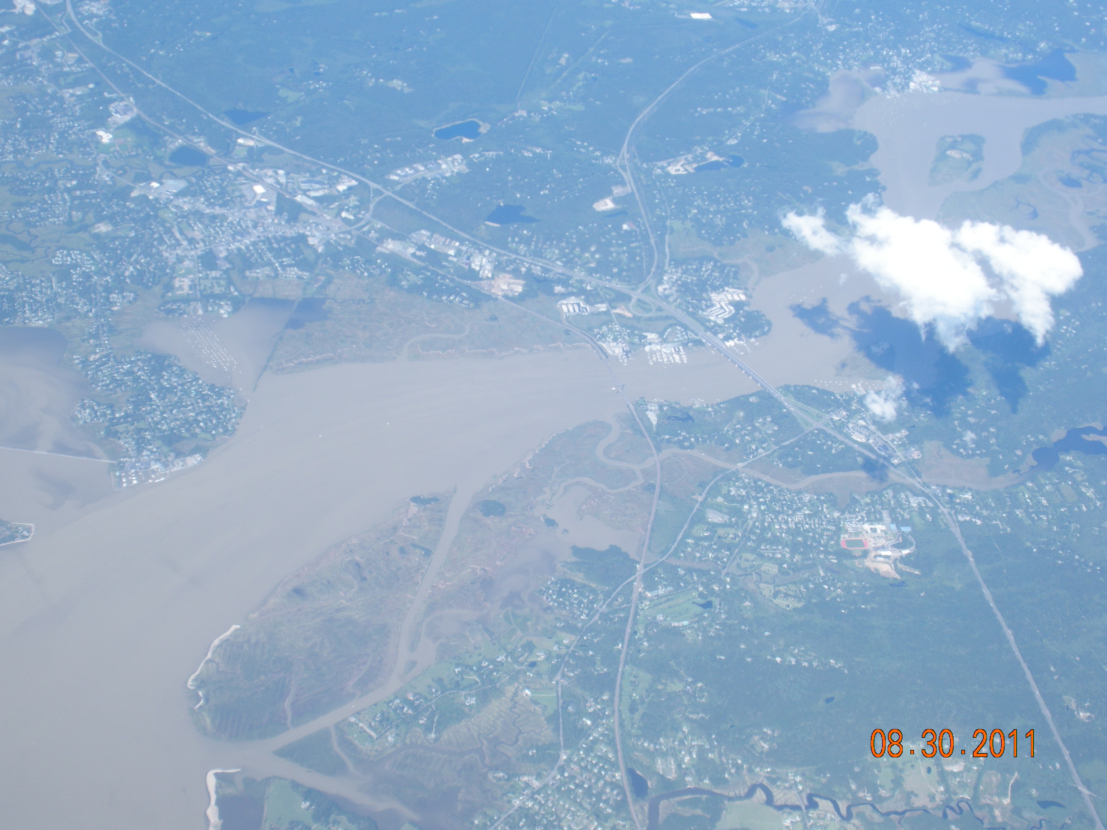 The Hudson River as seen from the P3 on August 30.  Two days after Hurricane Irene blew across the region, the rivers are high and full of mud and sediment. .  