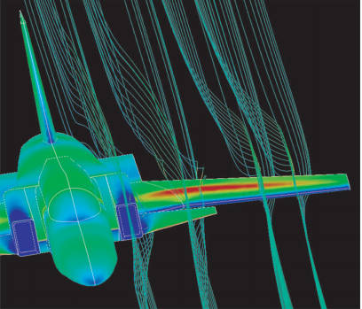 Mach number and streamlines on the X29 experimental aircraft.