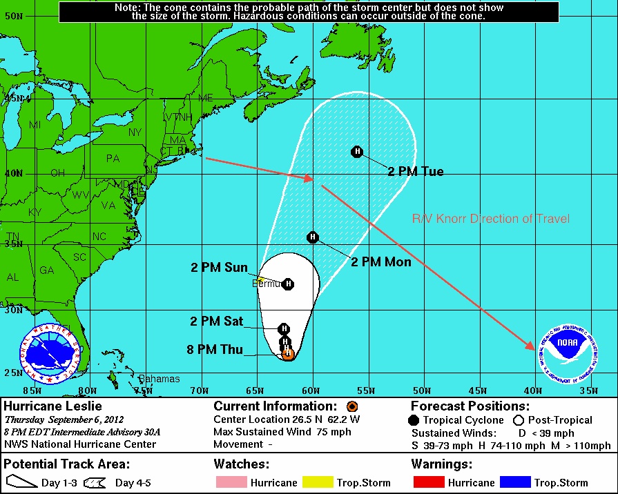 The Knorr's new track to avoid Hurricane Leslie.