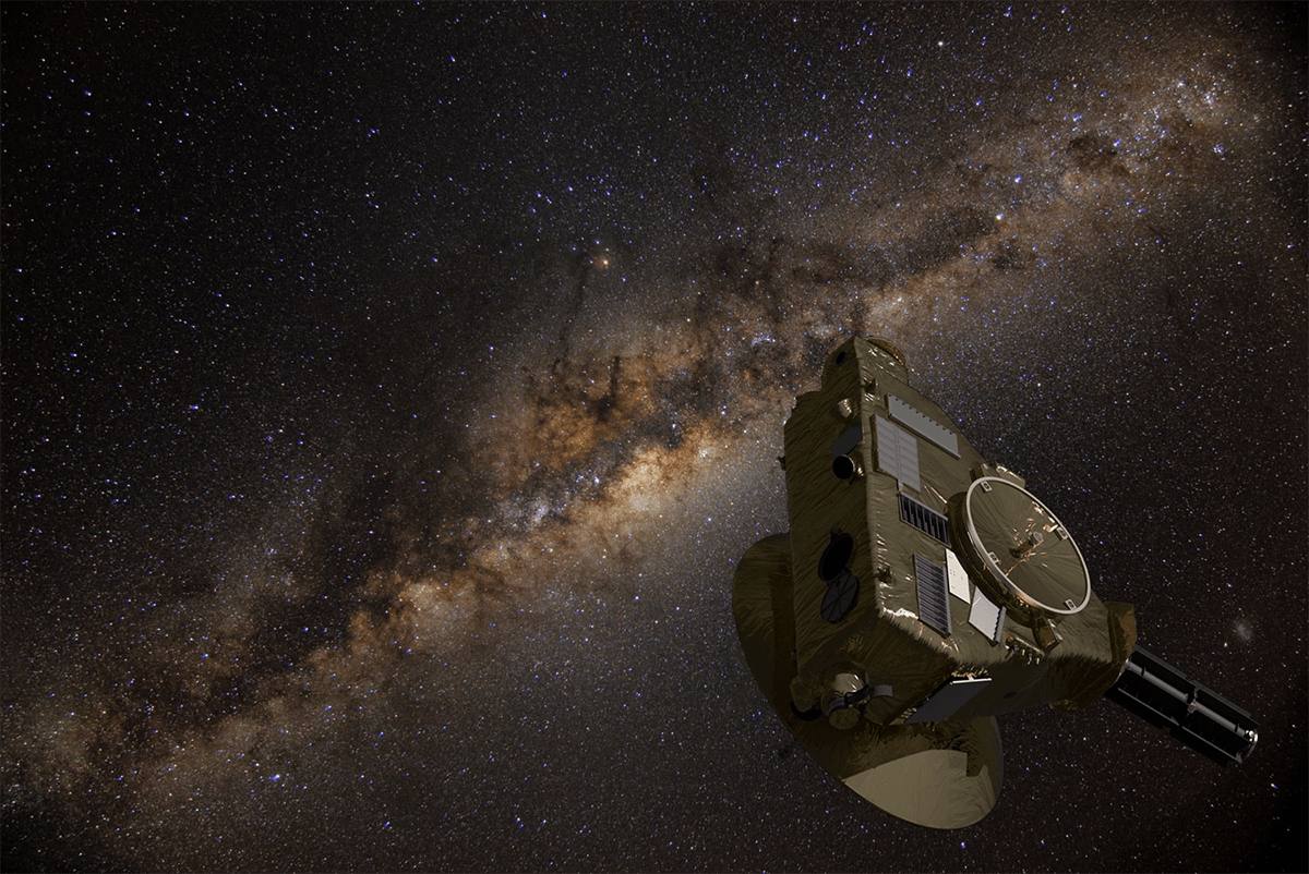 A grand piano-sized spacecraft is shown against a background of stars and the Milky Way.