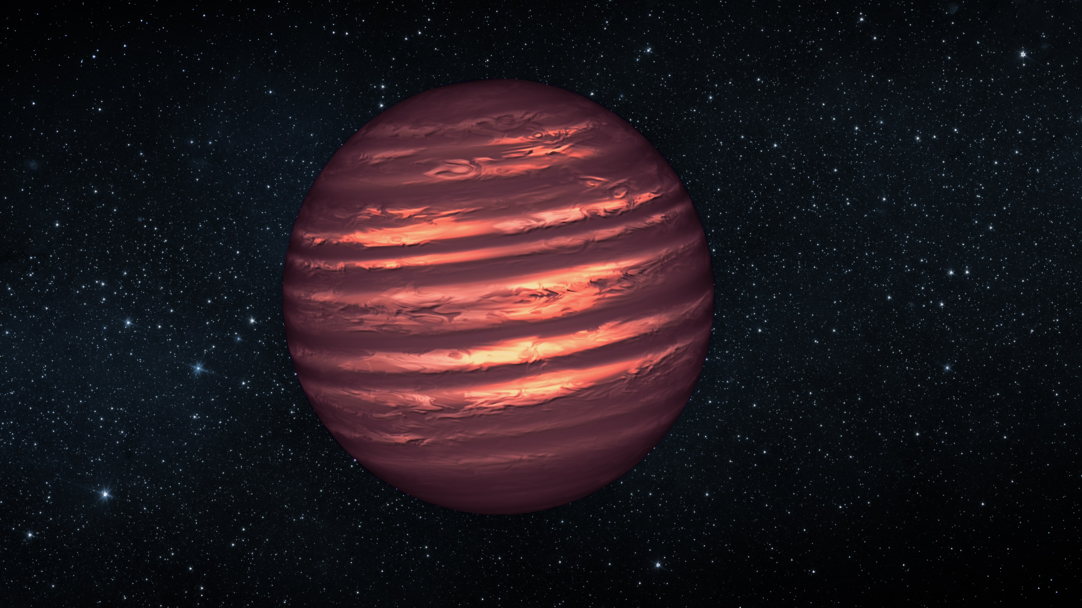 A dark, reddish-orange stripped world that looks somewhat like a dark Jupiter sits against a black background.
