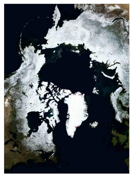The (tiny) red star marks the approximate location of our drill site in Greenland.