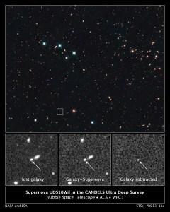 Top image holds a field of galaxies. A small, white box in the lower/left of center region of the image outlines the area of sky viewed in the three bottom images. The bottom images are black and white and reveal the supernova in a distant galaxy.