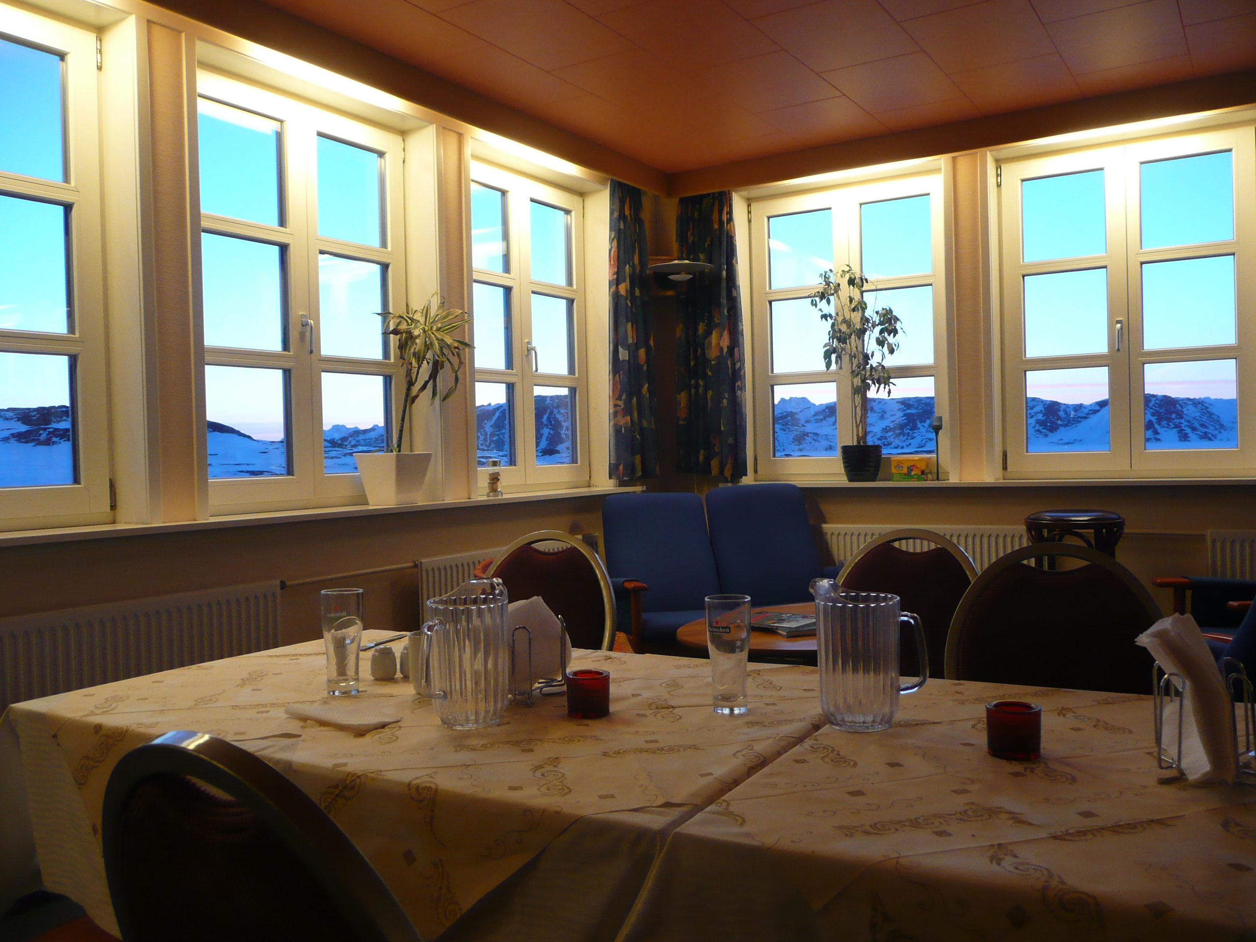 The view out the window from our dinner table in Kulusuk at sunset.