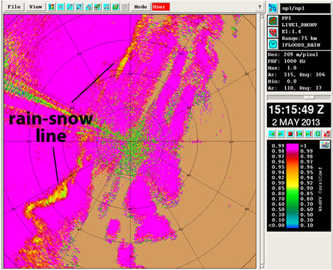 This radar image combines two measurements to show what the mixture of liquid and ice is in the precipitation. Bright pink is liquid rain. Yellow to red shows that snow and ice are mixed with the rain. The line of this rain-snow mix stretches from the southwest (bottom left) to the northeast (top right) of the NPOL radar. Credit: NPOL radar / NASA