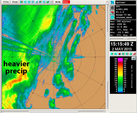 May 2, 2013. A radar image similar to what you'd see in a weather report. Precipitation appears in colors ranging from light rain (blue to green) to heavier precipitation (yellow to red). Credit: NPOL radar / NASA
