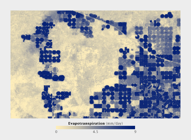 Map of evapotranspiration with a color scheme that varies from yellow to blue.