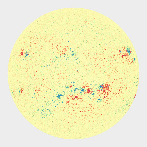 A solar magnetogram displayed with a blue-yellow-red divergent palette derived from Color Brewer