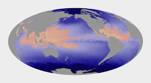 Map of Sea Surface Temperature that shows areas that sustain tropical cyclones.