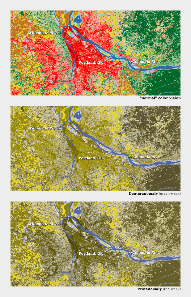 Comparison of land cover classification maps for normal and color-deficient viewers.