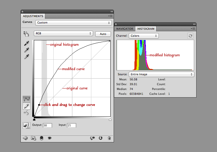 Curve palette and histogram screenshot.