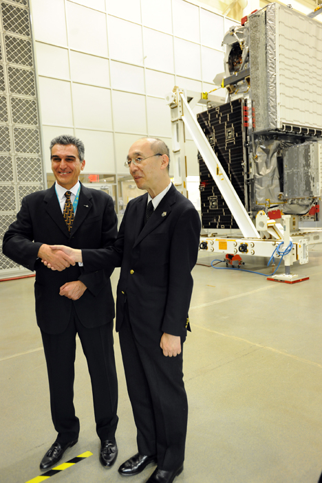 NASA's GPM Project Manager Art Azarbarzin (left) and JAXA's GPM Project Manager Masahiro Kojima in front of the GPM satellite at its last public appearance on Nov 15, 2013. Credit: NASA 
