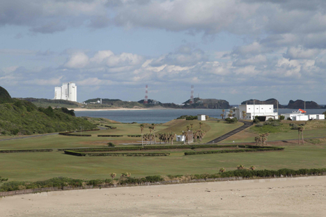 The view from a park in Minamitane where local can watch launches. Tanegashima's landscape is folded mountains and the ocean on the horizon. Credit: NASA / Michael Starobin