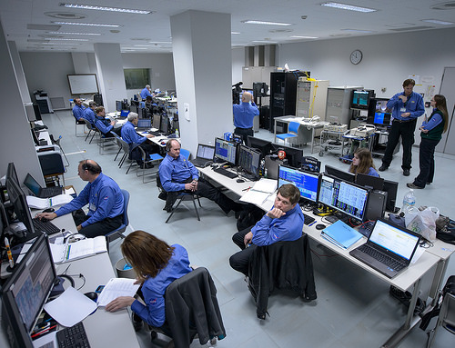 The NASA Global Precipitation Measurement (GPM) Core Observatory team is seen during an all-day launch simulation for GPM at the Spacecraft Test and Assembly Building 2 (STA2), Saturday, Feb. 22, 2014, Tanegashima Space Center (TNSC), Tanegashima Island, Japan. Photo Credit: (NASA/Bill Ingalls)
