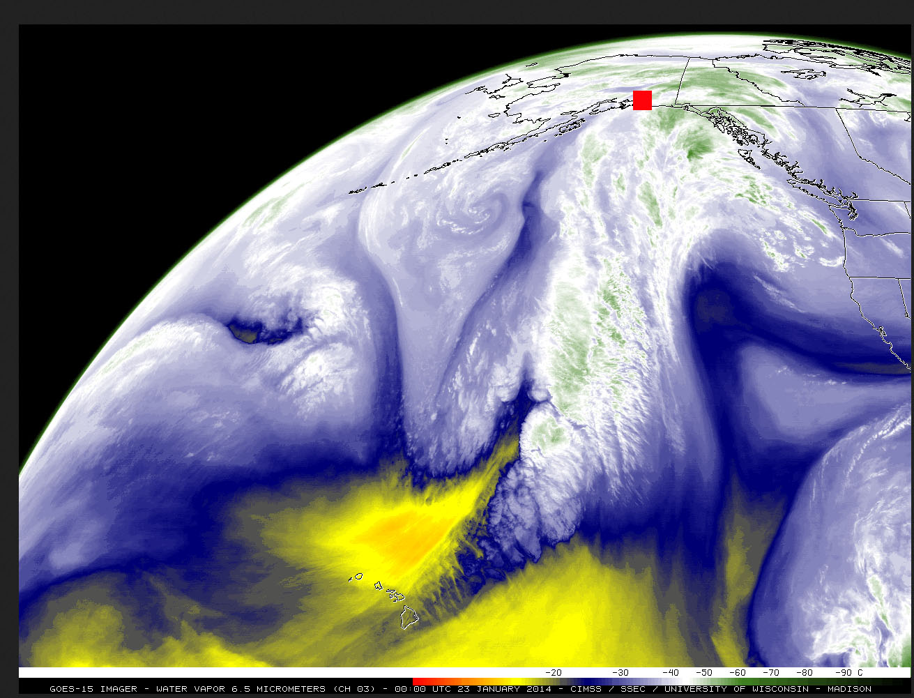 Figure 7. GOES-15 satellite image at 6.5 microns(a region of the thermal infrared that is absorbed by water vapor), portrayed as the temperature at the top of the water-vapor emitting region (clouds or humid air). Reds and yellows portray a very dry atmosphere, where emission of thermal infrared arises very deep in the atmosphere at high temperatures; blues indicate a moister atmosphere, and white and green an extremely moist atmosphere extending to very high altitudes having very low temperatures. The image was acquired 3:00 PM (local Alaska Time Zone) on 23 January 2014, the afternoon before the giant avalanche. A stream of extremely moist air arising in the northern Tropics—sometimes called the Pineapple Express—had been slamming into the Valdez and Keystone Canyon area (red square) for several days, thoroughly soaking the area. Valdez received over 11 inches of rain in the 12 days preceding the avalanche. Image rendered and made available by the Cooperative Institute for Meteorological Satellite Studies (CIMSS), University of Wisconsin – Madison, USA.