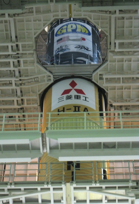 The H-IIA rocket that will carry the GPM Core Observatory into space. Here you can see the orange first stage and the silver second stage with the GPM logo on it. Jan. 20, Tanegashima Space Center. Credit: Mitsubishi Heavy Industries