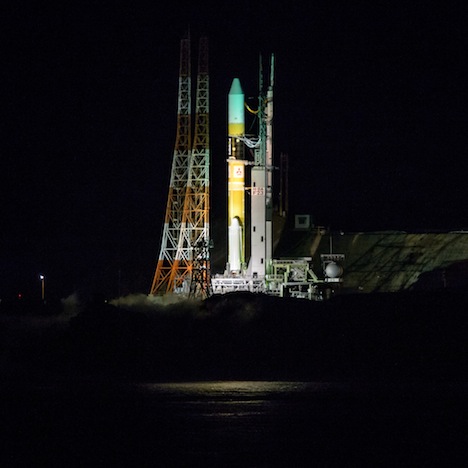 A Japanese H-IIA rocket with the NASA-Japan Aerospace Exploration Agency (JAXA), Global Precipitation Measurement (GPM) Core Observatory onboard, is seen on launch pad 1 of the Tanegashima Space Center, Friday, Feb. 28, 2014, Tanegashima, Japan. Once launched, the GPM spacecraft will collect information that unifies data from an international network of existing and future satellites to map global rainfall and snowfall every three hours. Photo Credit: (NASA/Bill Ingalls)