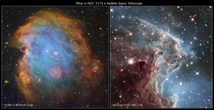 Left half of the image is the entire NGC 2174 nebula. A white square indicates the location of the Hubble infrared image at right. The nebula appears like an oval cloud ringed by rusty-brown gas and filled with glowing blue gas dotted with stars. Right half: Right half of the image: Infrared light shows a rusty-brown dust cloud dotted with a few bright stars. Hazy pillars of gas and dust rise up toward the right. A bluish-white glow fills the lower-right quadrant. The haze is more transparent as you move toward the upper right corner. Background is dotted with stars.