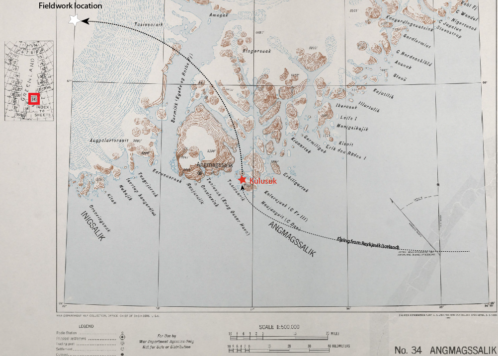 In this old map from the US army (from 1941) you can see the location of the small city of Kulusuk in Southeast Greenland (red star), just below the Arctic Circle (~66.5°N). Our field camp on the ice sheet is represented by a white star. The map can be found at the Polar Geospatial Center.