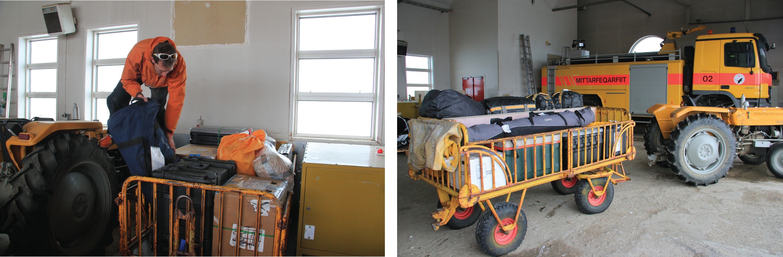 At the Kulusuk airport, Ludo moves equipment around to consolidate our cargo (left). Some equipment is ready to be loaded on the helicopter (right) to go to our field site, but other gear needs some repacking, which will be one of our main tasks for the coming days. (Credit: Clément Miège.)