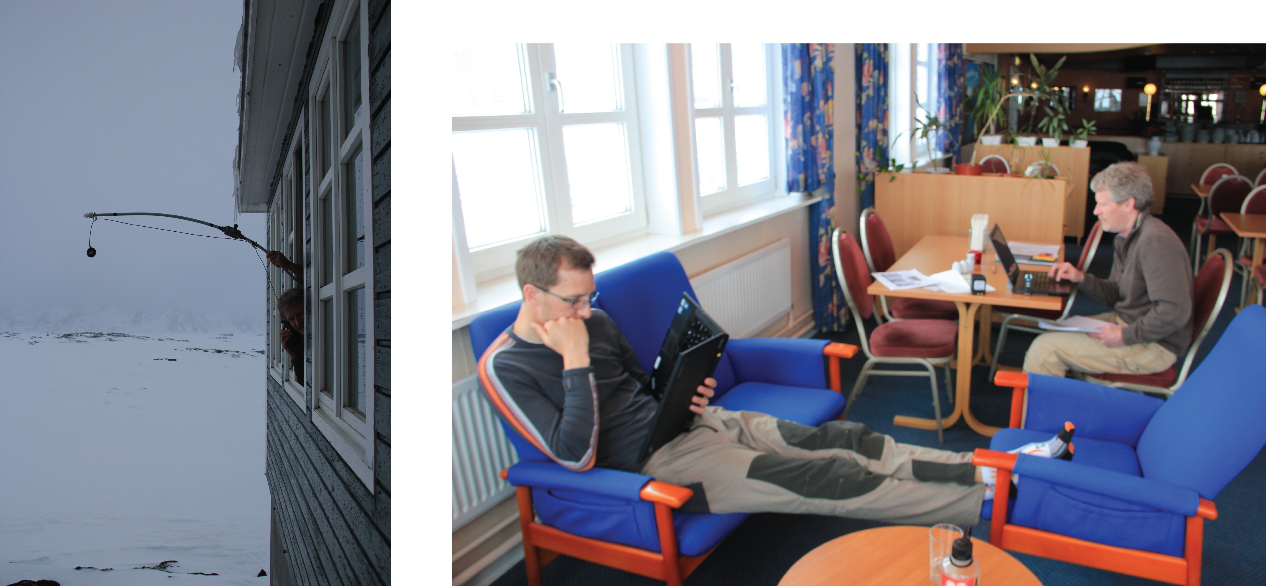 Left: Rick, calling with the satellite phone, using a homemade extended antenna (credit: Ludo). Right: Ludo and Rick waiting to hear back from Air Greenland about tomorrow’s flight. (Credit: Clément Miège.) 