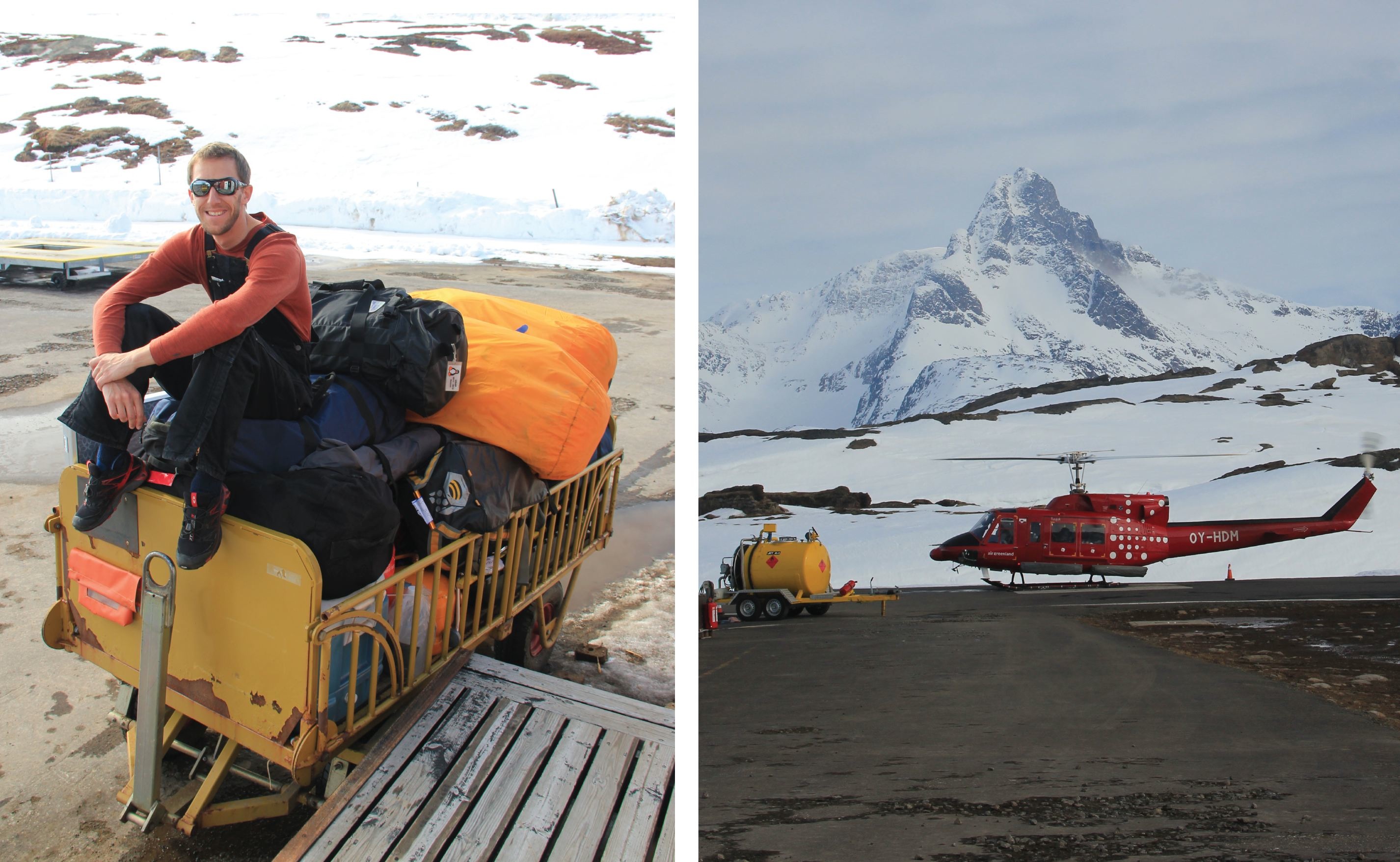 (Left) At the Tasiilaq heliport, Ludo waits for our put-in flight on the cargo. (Right) The Air Greenland B-212 helicopter with blue skies and high clouds. After 12 days of patiently waiting, it looks like it’s a go!
