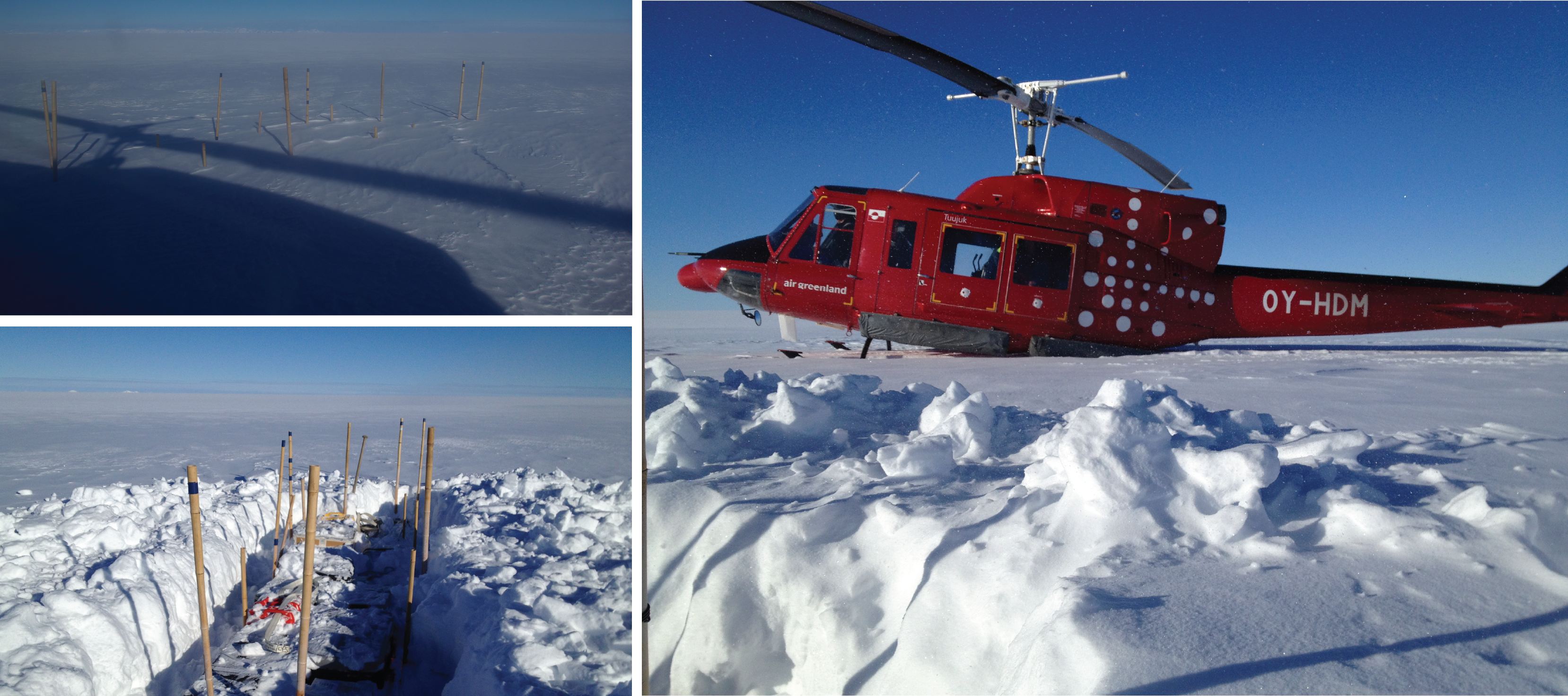 (Left) Our cargo, dropped almost two weeks ago, got buried under 2 feet of snow. But all the pieces were there! (Right) The B-212 landed near our cargo for a final move to the ice camp location.