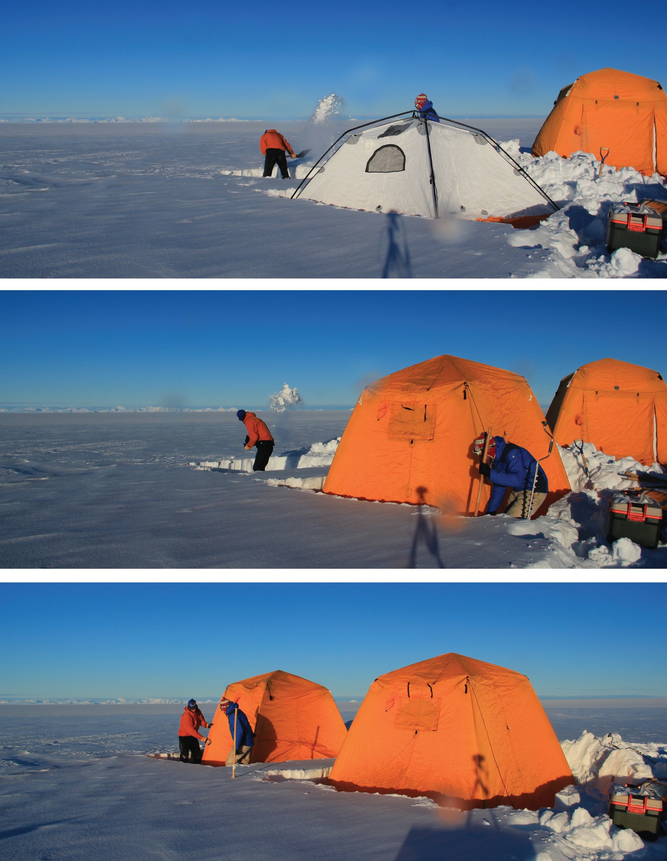 Minutes after the B-212 had left Clem and me on the ice sheet, we were already shoveling the fresh snow to install our cooking and sleeping tents before dark. This was no time for play, this was no time for fun, there was work to be done.