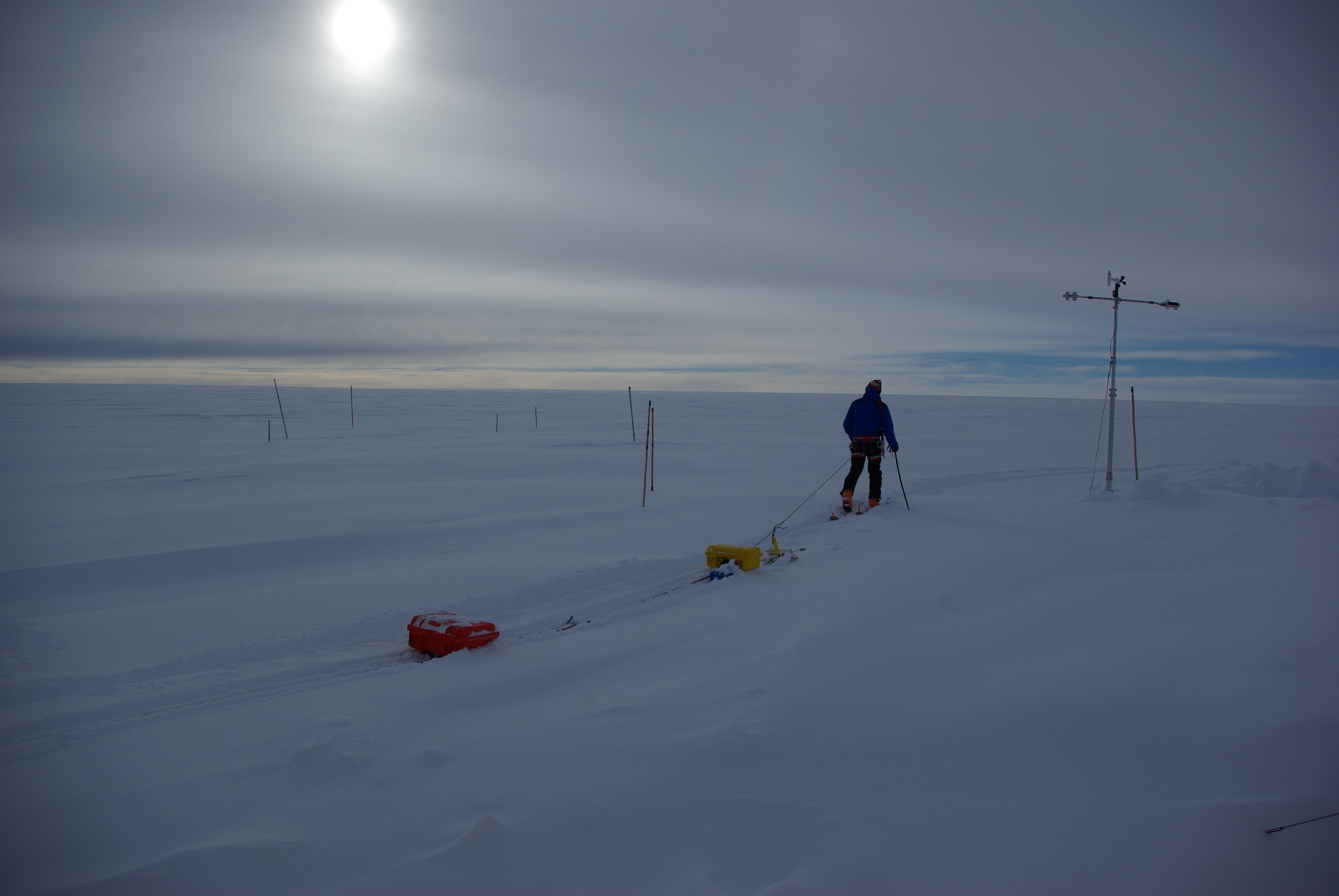 Clem uses an evening break in the weather to drag a low-frequency radar in the fresh snow deposited in the previous hours.