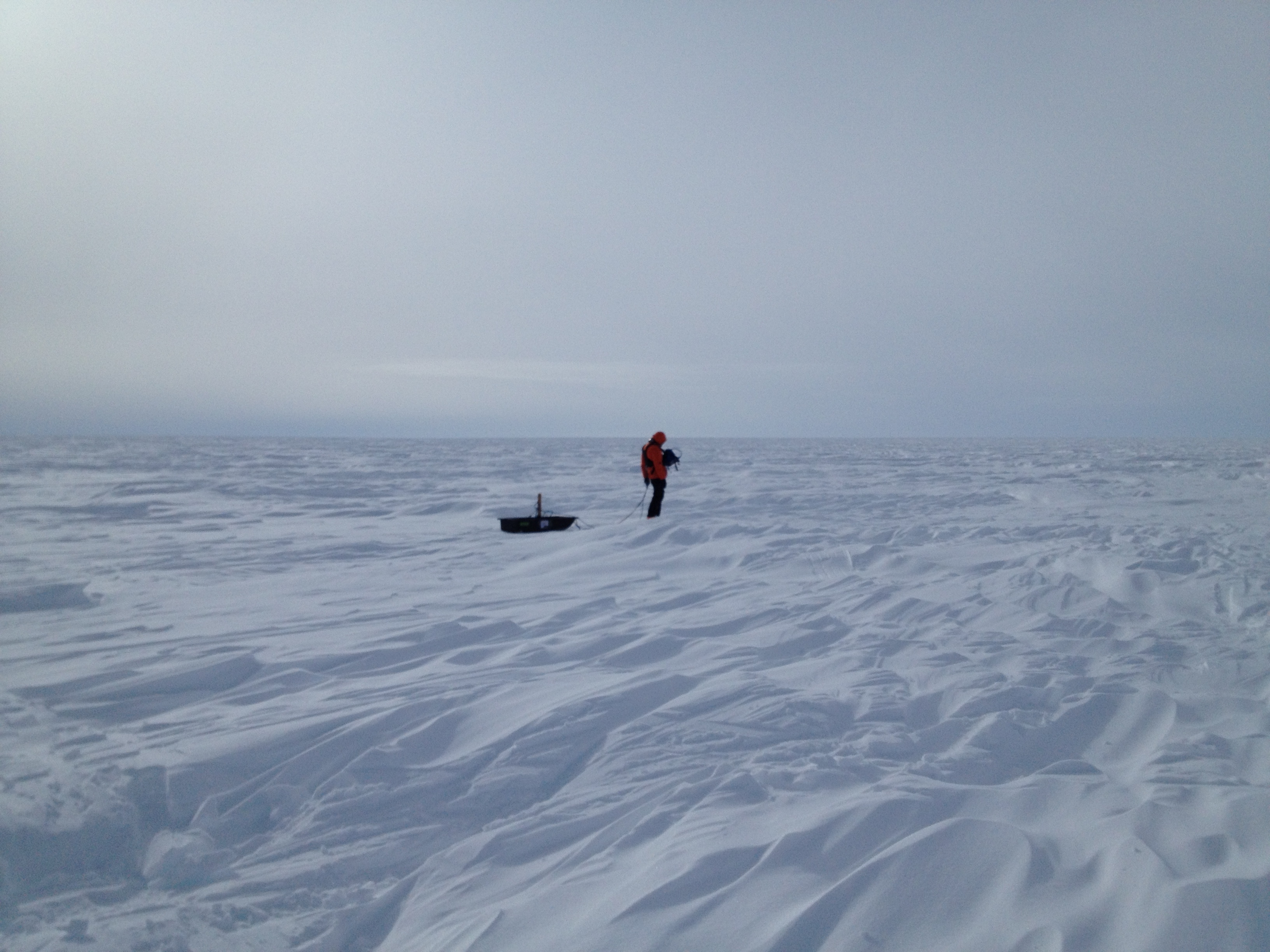 Clem dragging the 400 MHz radar over the sastrugis, a challenging surface to work with.