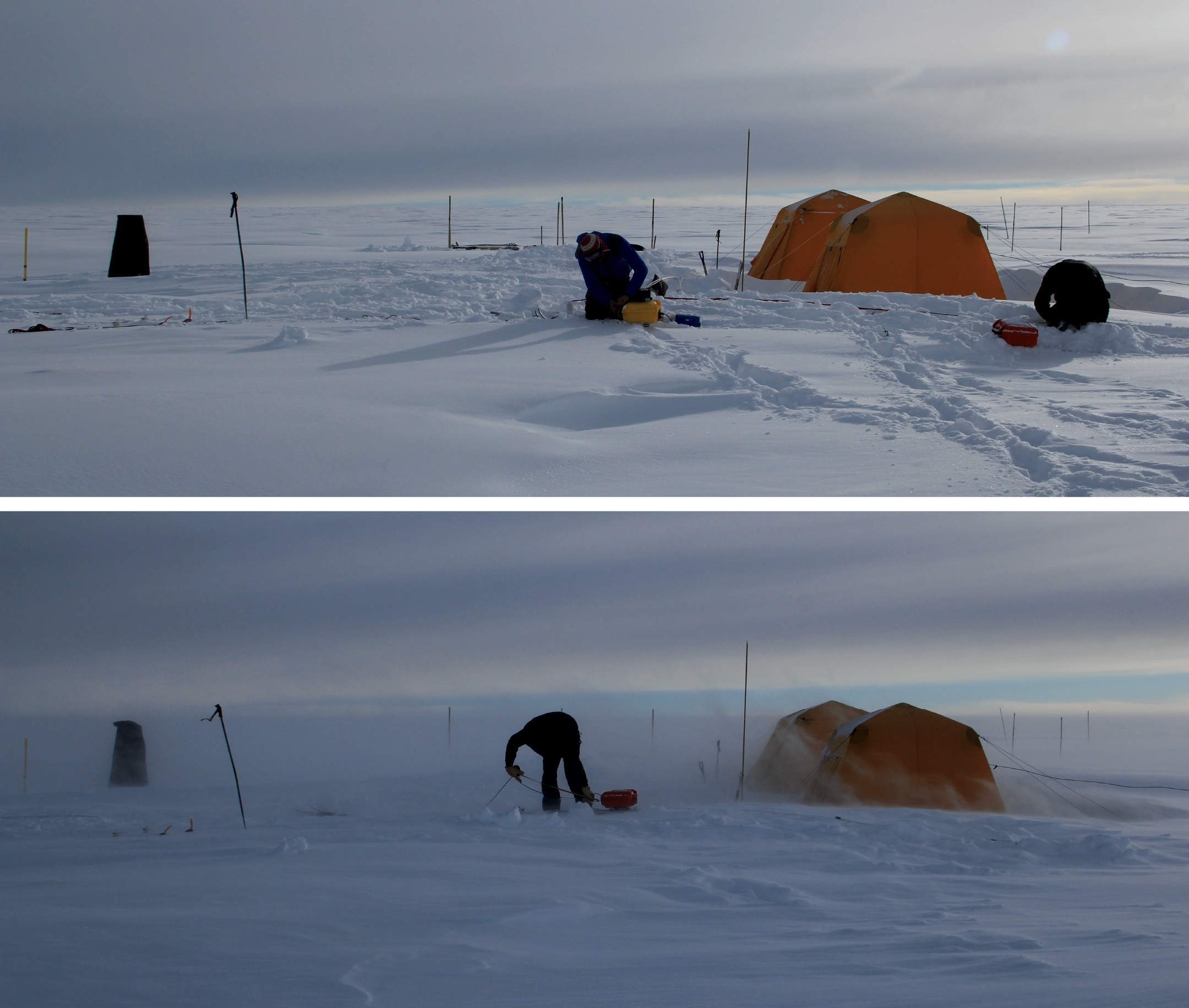 Pictures taken just one hour apart. In the top one, we were setting up a radar system. In the bottom one, we were actively wrapping it due to sudden katabatic winds that picked up in less than 10 minutes.