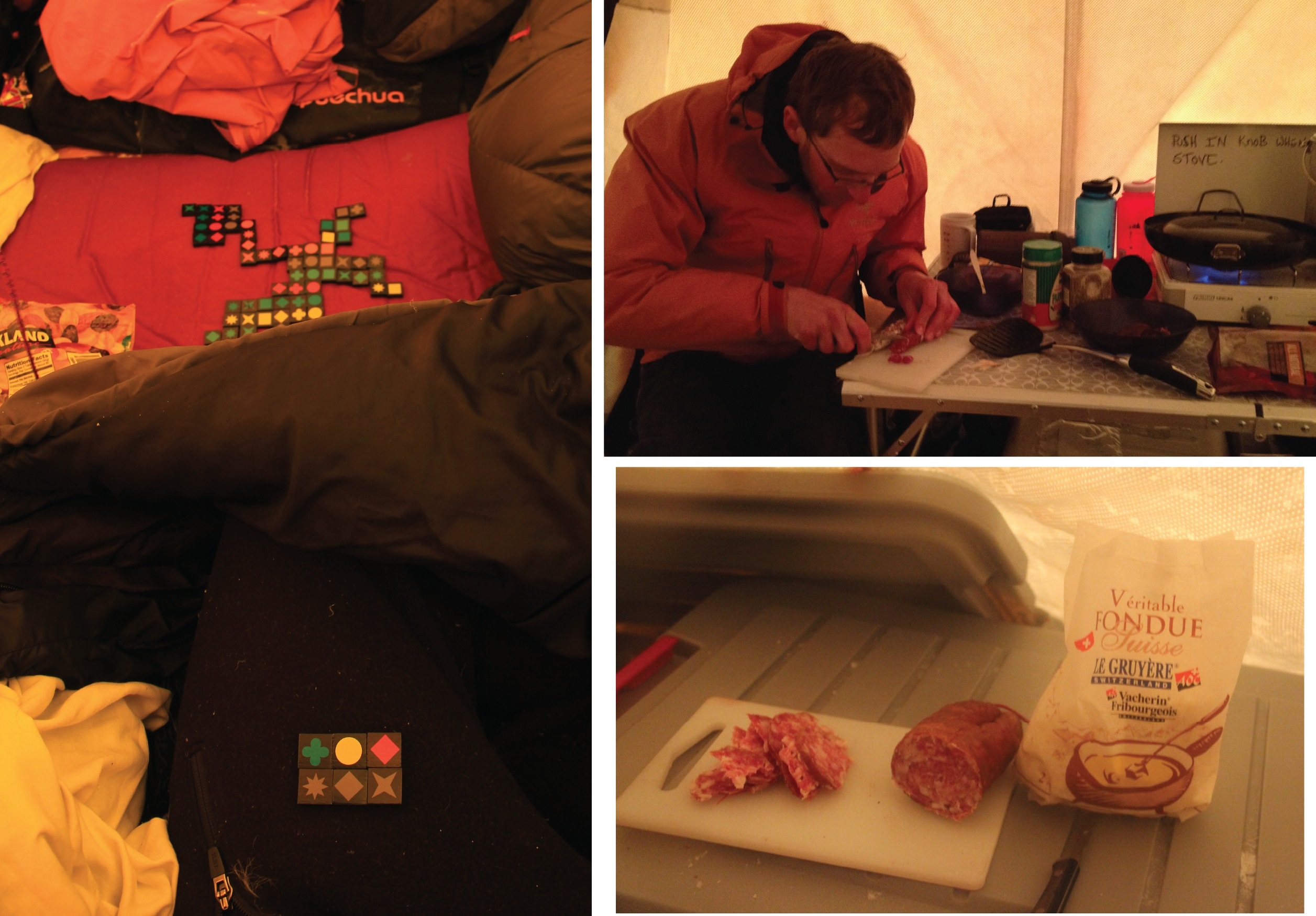 Indoor activities while the winds prevented us from working. (Left) Playing domino with mitts in a shaking tent, unforgettable times! (Right) Good food to keep us happy. Merci maman for thinking about us before leaving home.