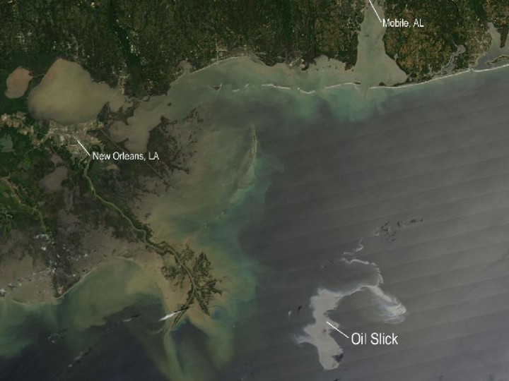 Satellite image of oil slick in the Gulf of Mexico following the sinking of the Deepwater Horizon platform http://www.nasa.gov/multimedia/imagegallery/image_feature_1649.html