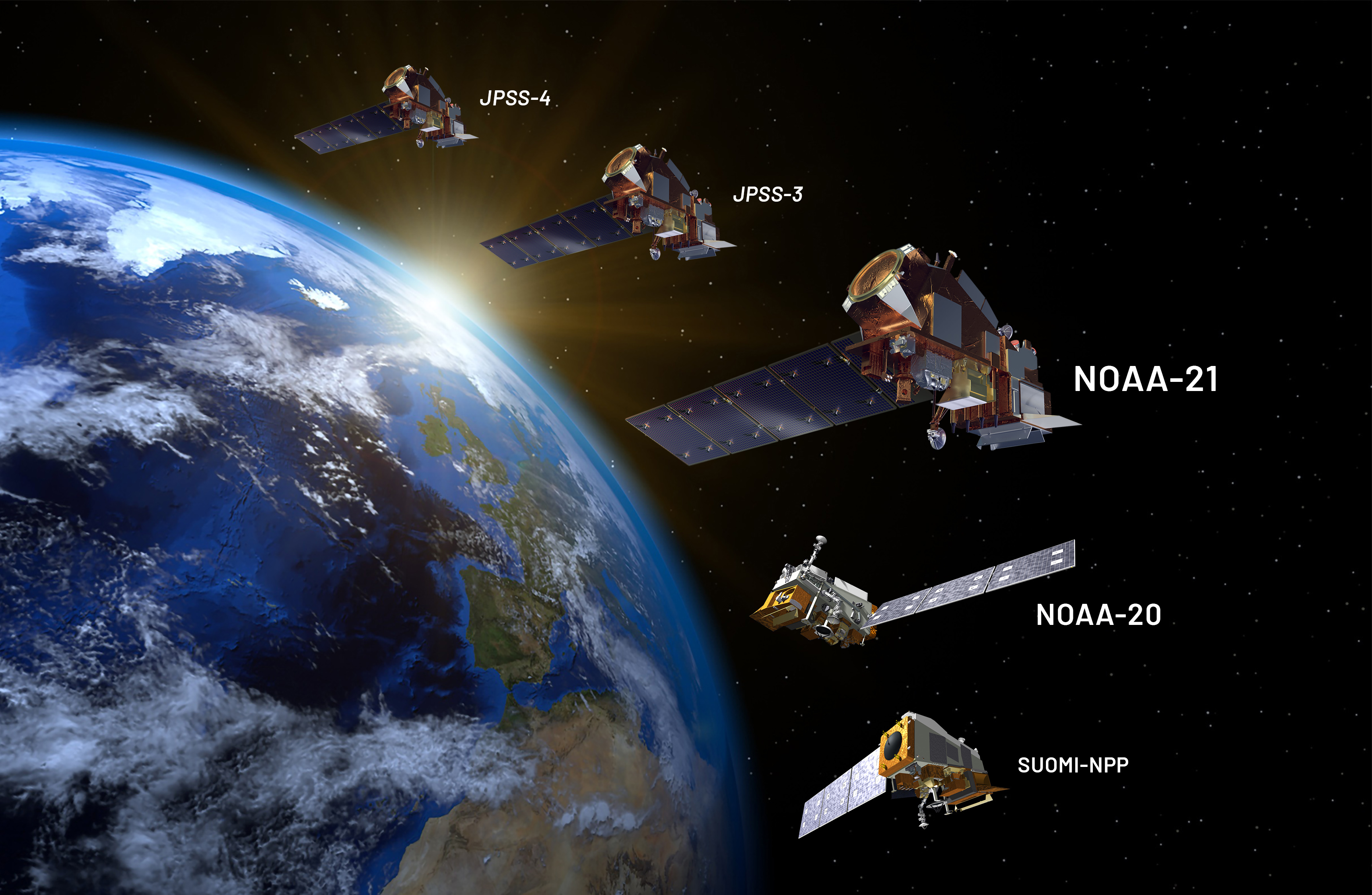 Composite illustration of the fleet of JPSS satellites in space with Earth in the background.