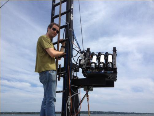 I’m setting up HyperSAS-Pol on the bow tower of the R/V Endeavor. Photo courtesy of Alex Gilerson, City College of New York