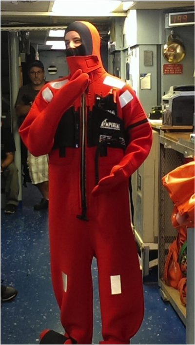 I’m trying on the immersion suit for the first time and posing “mannequin-style” for the safety briefing Friday morning. Photo courtesy of Ivona Cetinic, University of Maine