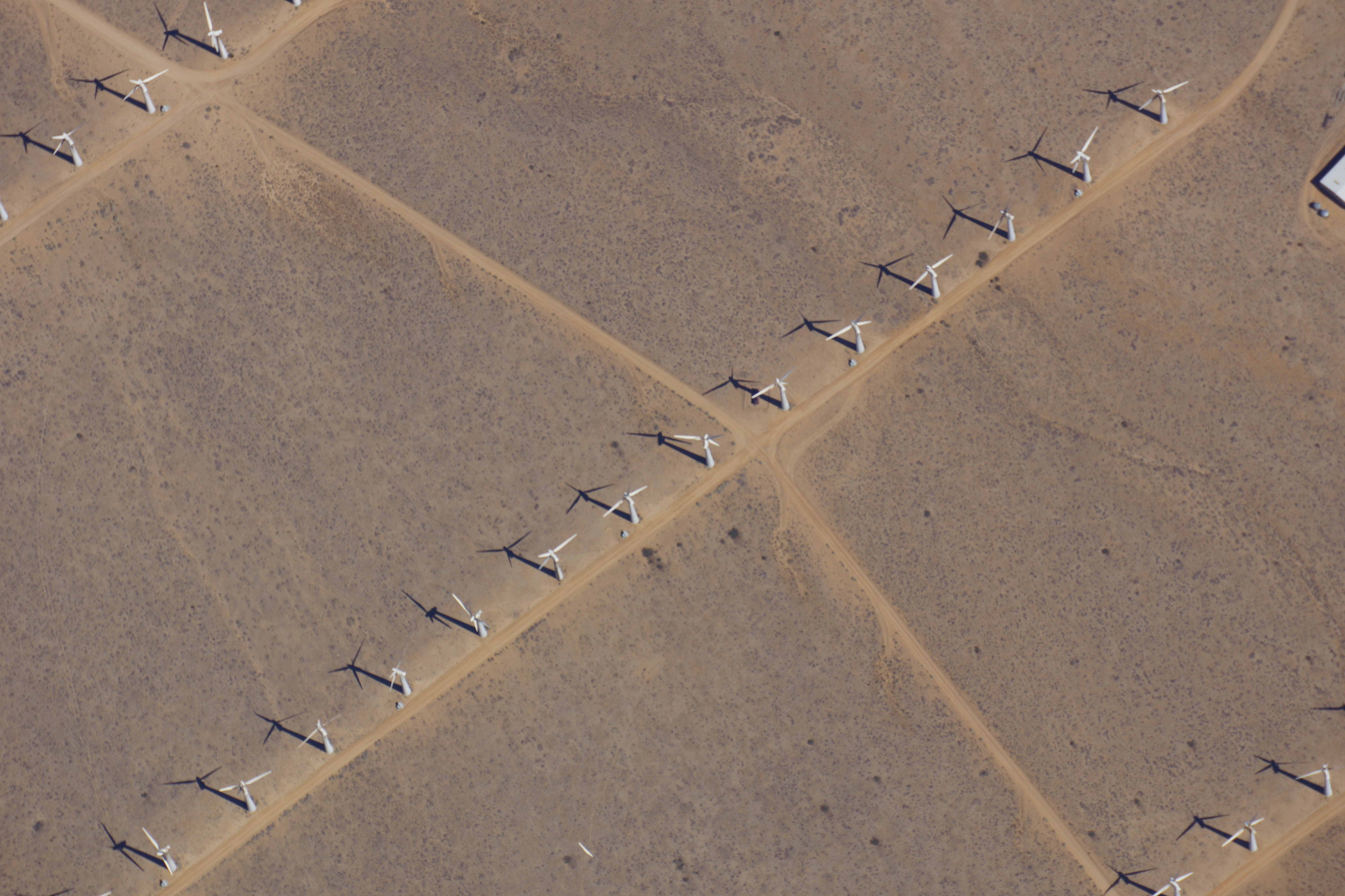 As the ER-2 aircraft traveled from Palmdale, California, to Fairbanks, Alaska, the camera on MABEL took this shot of wind turbines near Bakersfield, California. (Credit: NASA)