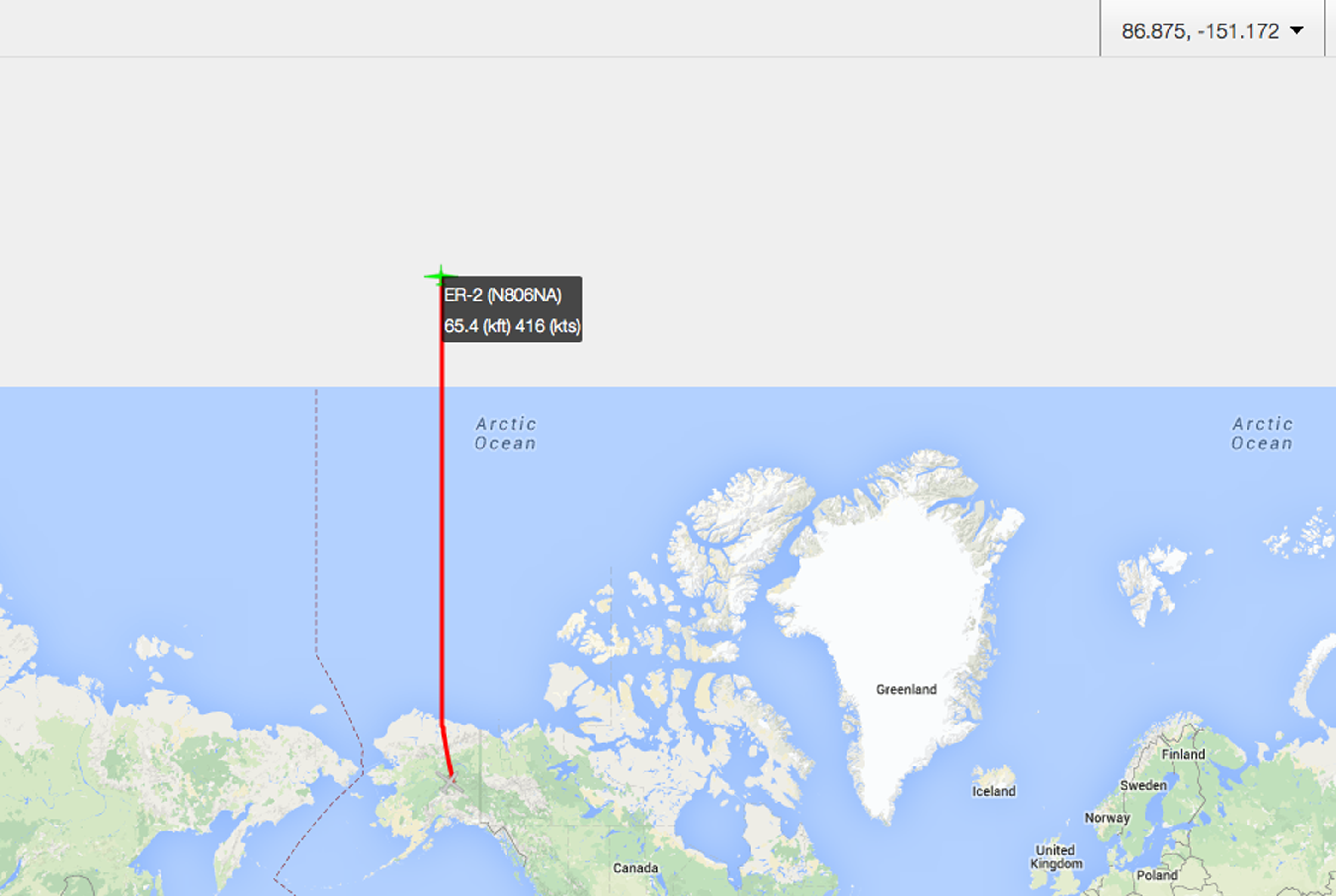 "Here be monsters" - or just map projection issues. Once the ER-2 got above about 89.5 degrees North, the pilot's map didn't cover it. Those of us tracking the plane from https://airbornescience.nasa.gov/tracker/ lost the map even earlier. 