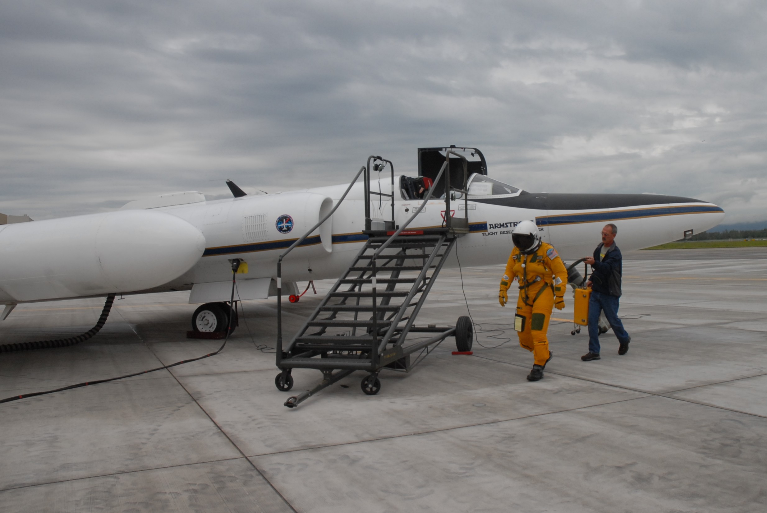 NASA ER-2 pilot Denis Steele, in a pressurized flight suit, before a July 16 flight over Alaska's glaciers. (Credit: Kate Ramsayer/NASA)