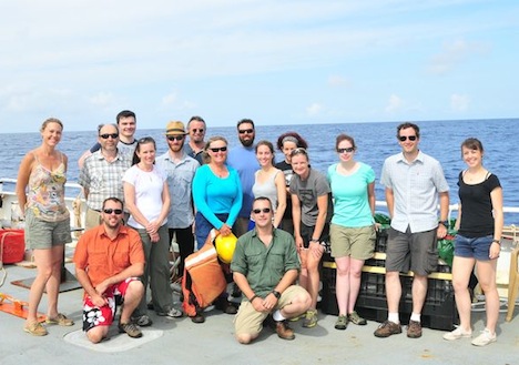 The SABOR science party on the deck of the R/V Endeavor. Front row: Wayne Slade (Sequoia Scientific), Deric Gray (Naval Research Laboratory); second row: Kimberly Halsey (Oregon State University), Alex Gilerson (City College of New York), Nicole Poulton (Bigelow Laboratory for Ocean Sciences), Matthew Brown (Oregon State University), Lynne Butler (University of Rhode Island), Nerissa Fisher (Oregon State University), Ali Chase (University of Maine), Nicole Stockley (WET Labs), Robert Foster (The City College of New York), Coutrney Kearney (Naval Research Laboratory); back row: Carlos Carrizo (City College of New York), Allen Milligan (Oregon State University), Jason Graff (Oregon State University), Ivona Cetinić (University of Maine). Credit: NASA SABOR/Wayne Slade, Sequoia Scientific